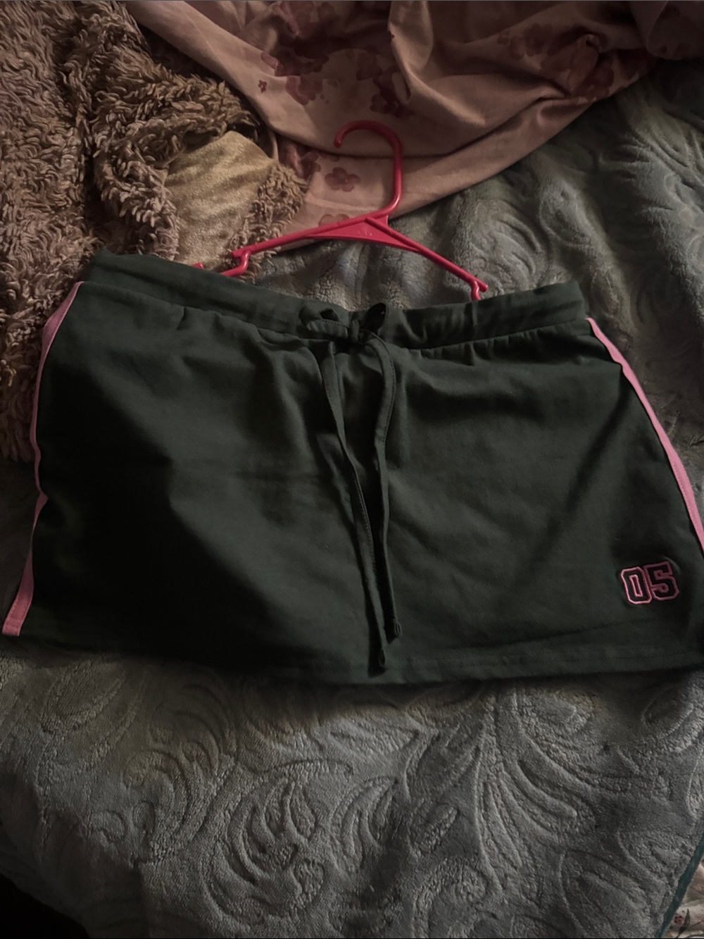 Dark Green Drawstring Mini Skirt with Pink Trim